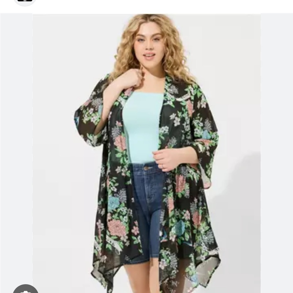 Torrid Sheer Kimono Pink and Green Floral Design
